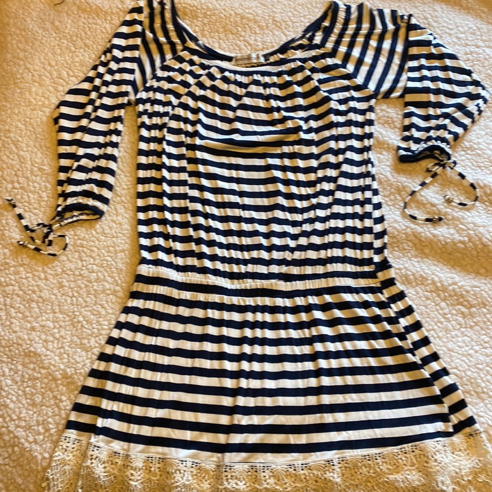 Veronica M short dress, navy & cream striped